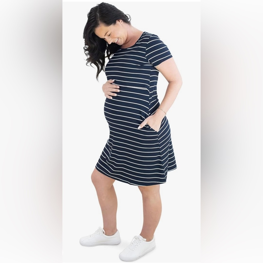Kindred Bravely Eleanora Bamboo Maternity & Nursing  Lounge Dress: Navy Stripe